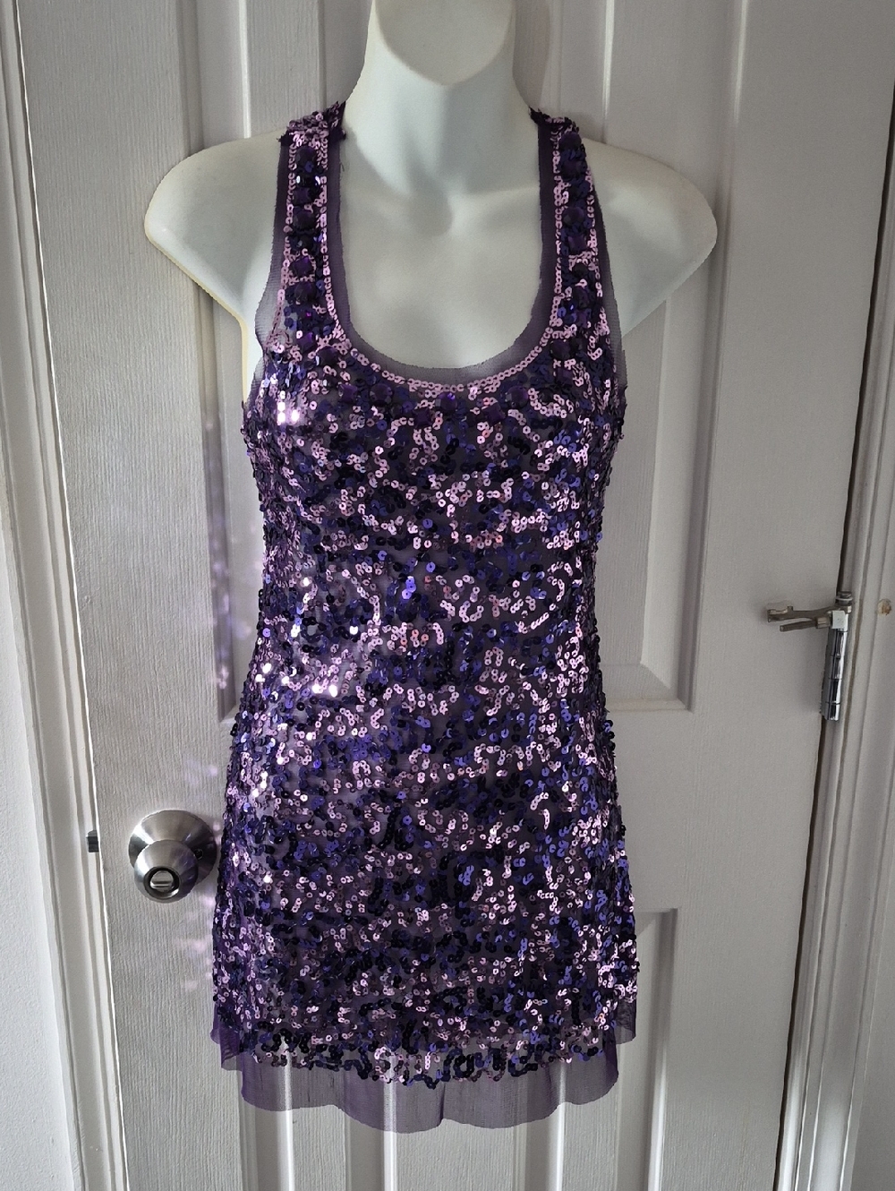 Purple Sequined Sheer Mini Dress - Sleeveless Scoop Neck